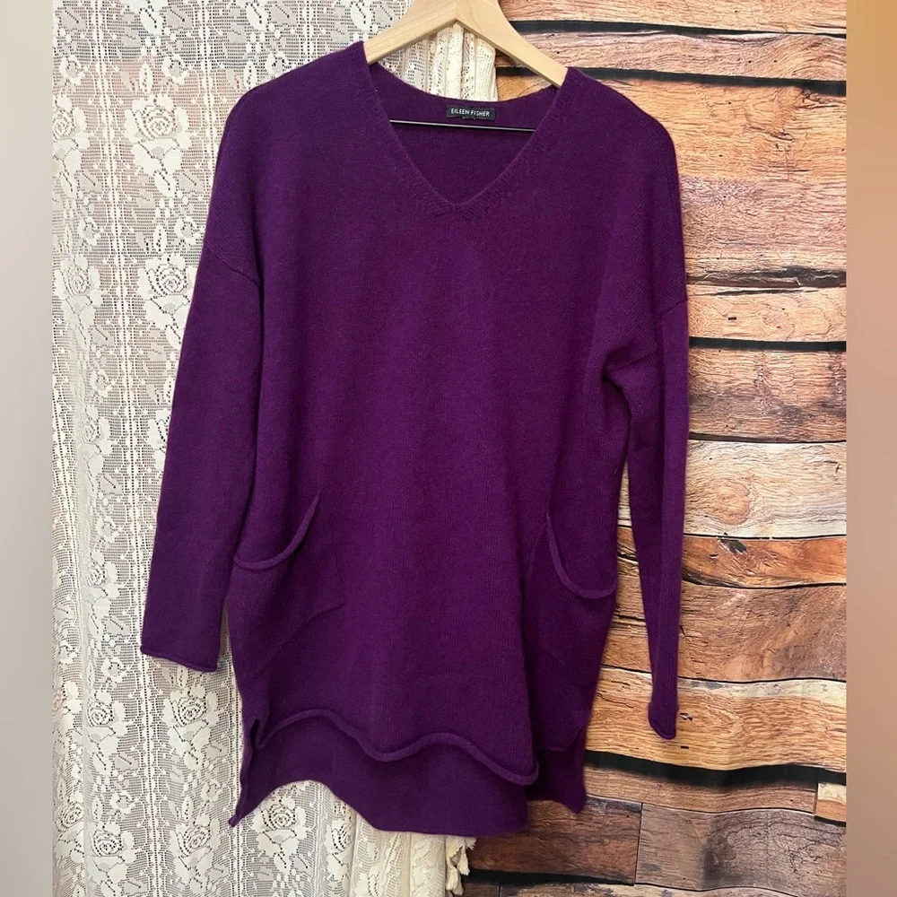 Eileen Fisher Deep Purple 100% Cashmere V-Neck Sweater with Pockets (104) - Picture 2 of 6